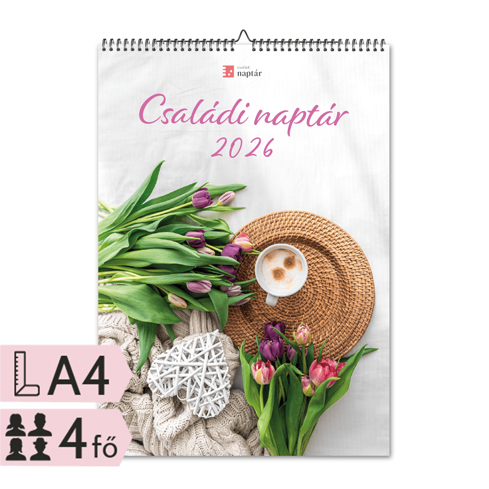 Családi Tervező Falinaptár 2026, 2027 (A4, spirálozott, nagyker) 1 A4 Spirálos Családi naptár 2026 tervező falinaptár szülőknek és gyerekeknek A4 méretben 4 fő személy részére