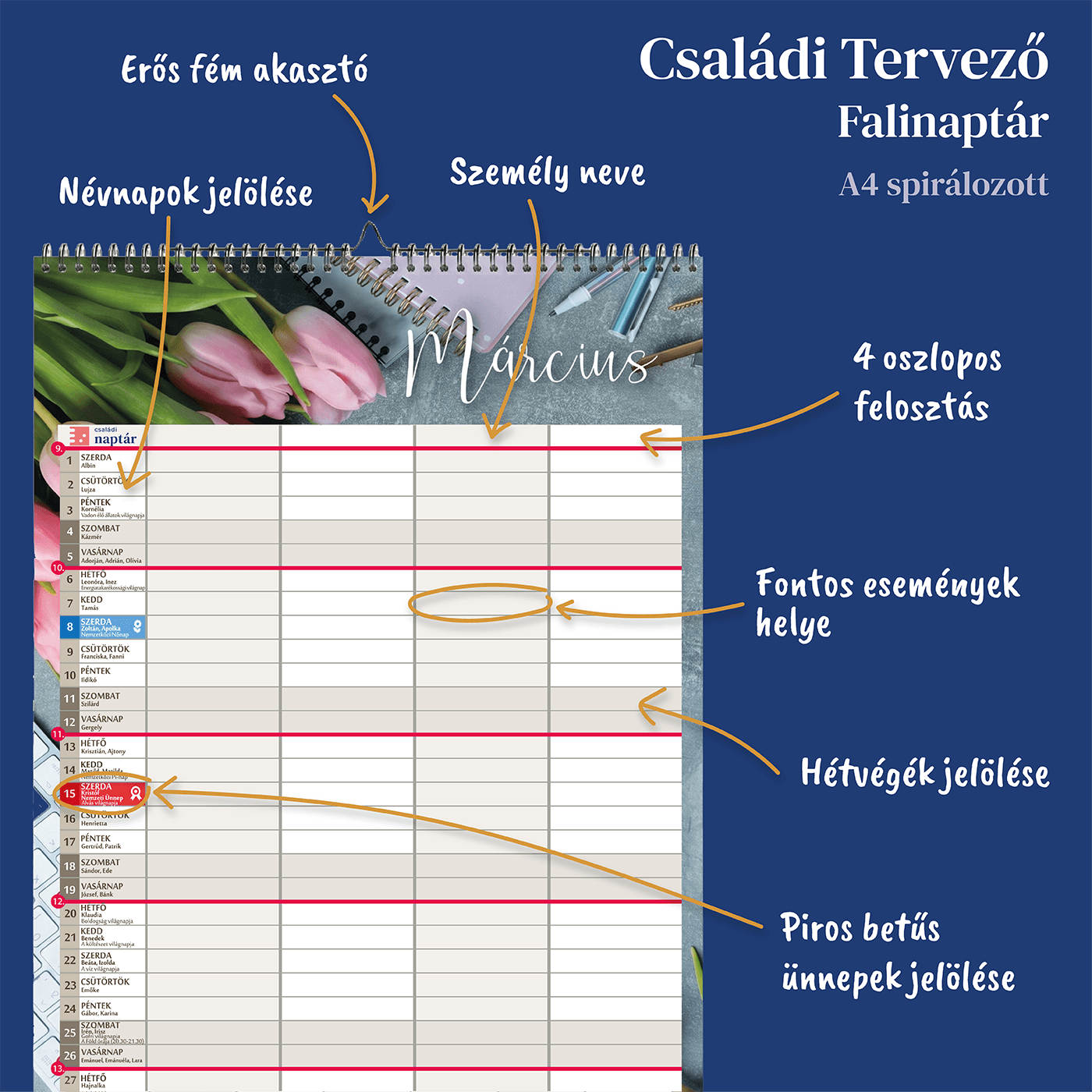 Családi Tervező Falinaptár 2027 (A4 Spirálozott) 5 A4 Spirálos Családi naptár tervező falinaptár szülőknek és gyerekeknek A4 méretben 4 fő személy részére funkciok nyilazós