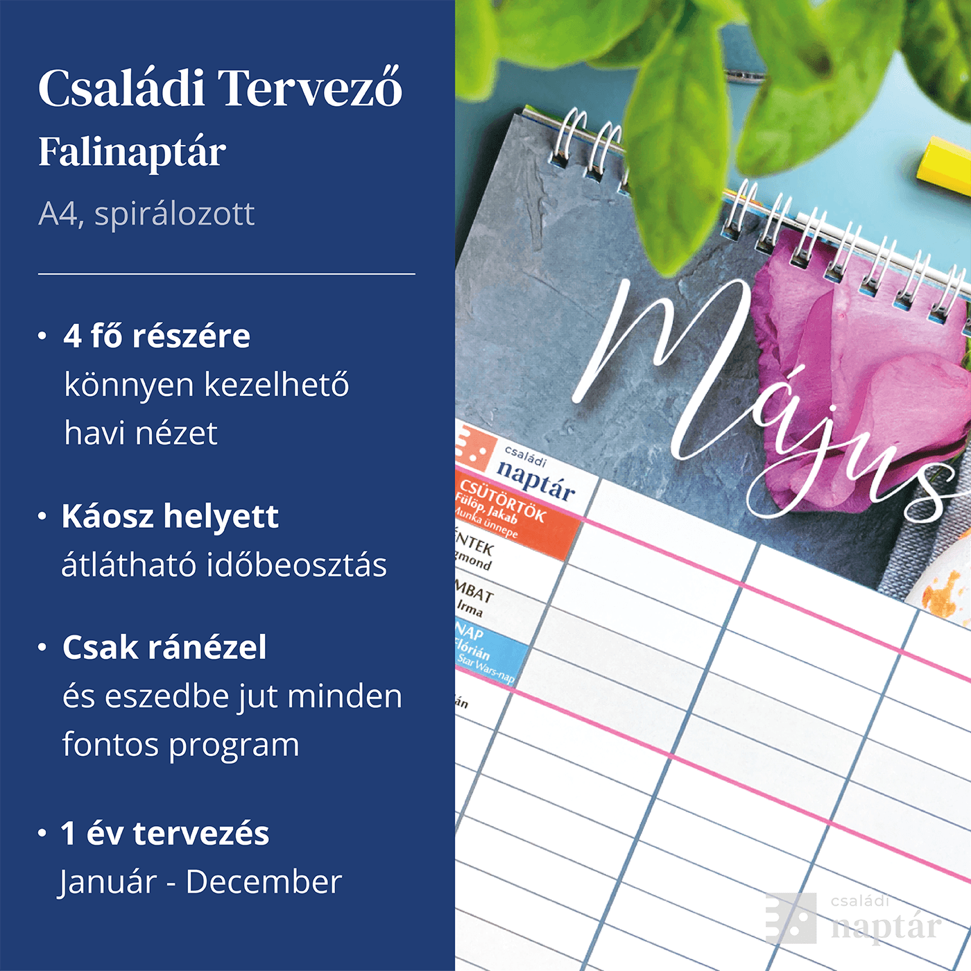 Családi Tervező Falinaptár 2027 (A4 Spirálozott) 4 A4 spirálos családi tervező falinaptár 4 fő részére, 4 oszlopos, előnyök