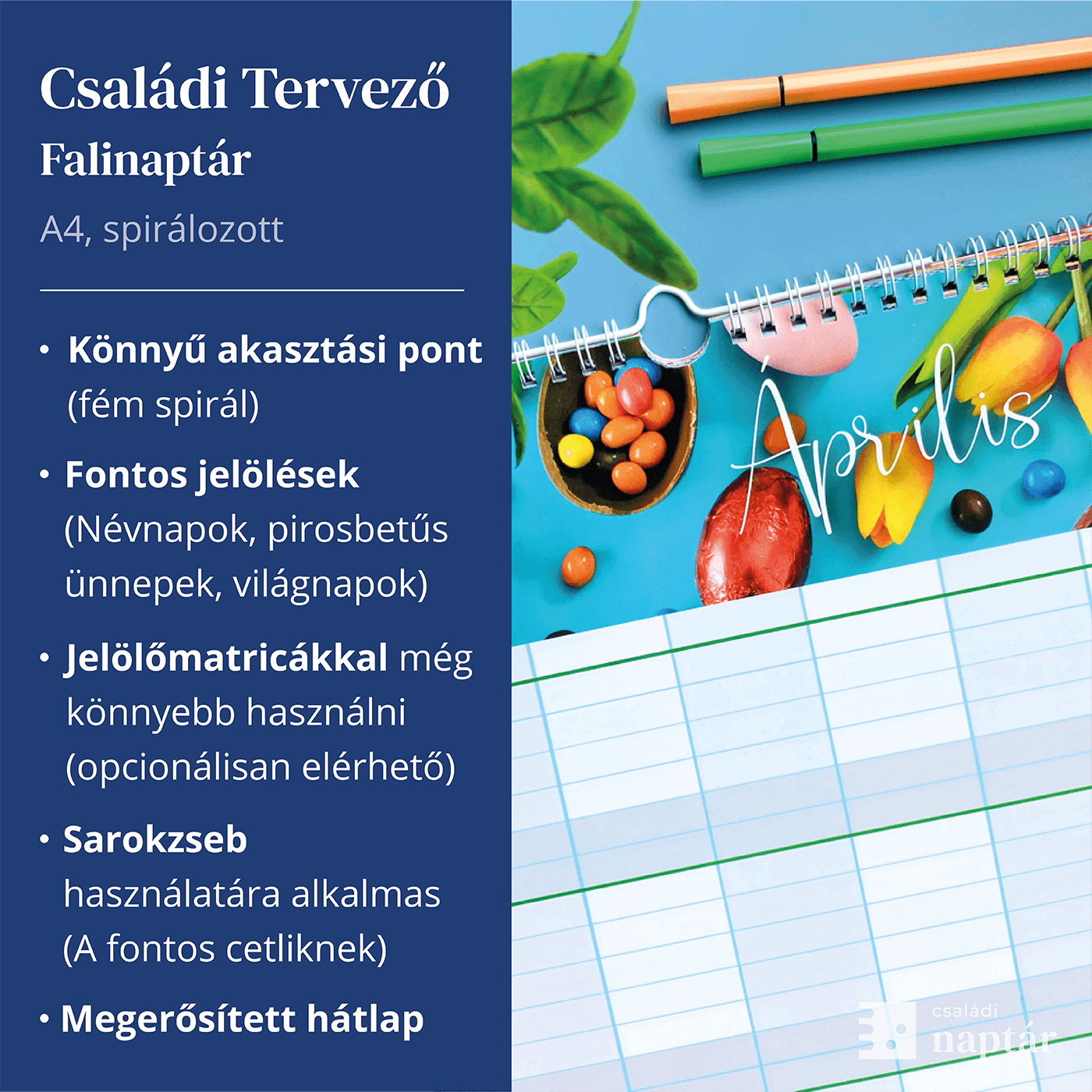 Családi Tervező Falinaptár 2027 (A4 Spirálozott) 2 A4 spirálos családi tervező falinaptár 4 fő részére, 4 oszlopos, funkciók mire jó