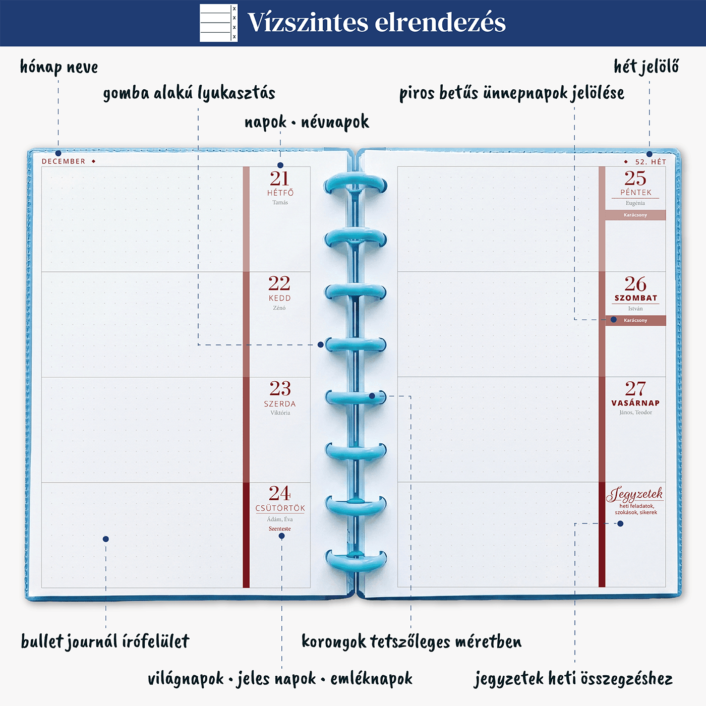 Határidőnapló 2027 - BELSŐ LAPOK borító nélkül 6 Vízszintes naptár határidőnaptár elrendezés korongos csaladinaptar.hu webshop planner