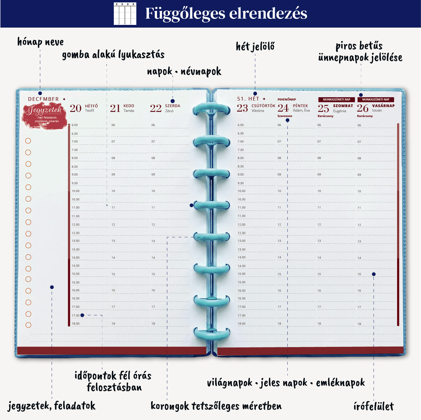 Határidőnapló 2027 - BELSŐ LAPOK borító nélkül 5 Függöleges naptár határidőnaptár elrendezés korongos csaladinaptar.hu webshop planner